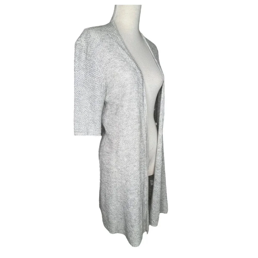 Eileen Fisher Open Front Long Tunic Knit Top Short Sleeves Cream Size S